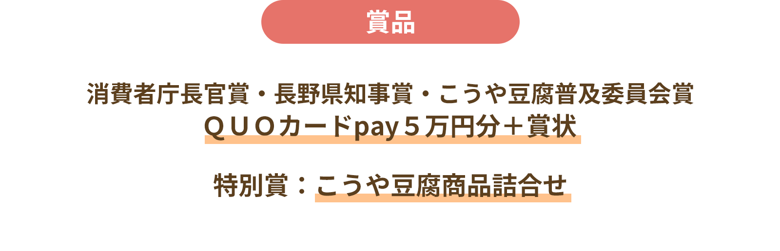 賞品 消費者庁長官賞・長野県知事賞・こうや豆腐普及委員会賞 QUOカードpay5万円分＋賞状 特別賞：こうや豆腐商品詰合せ