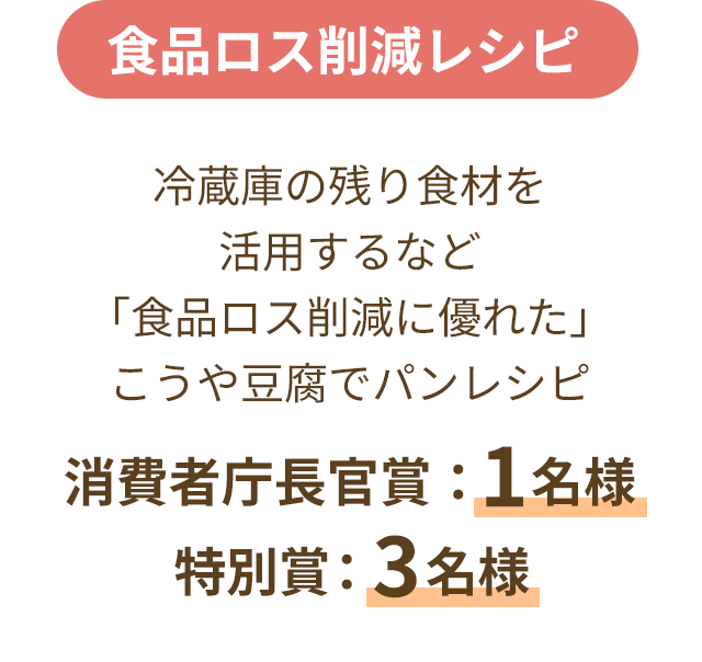 食品ロス削減レシピ<br />
冷蔵庫の残り食材を活用するなど「食品ロス削減に優れた」こうや豆腐でパンレシピ<br />
消費者庁長官賞：1名様<br />
特別賞：3名様